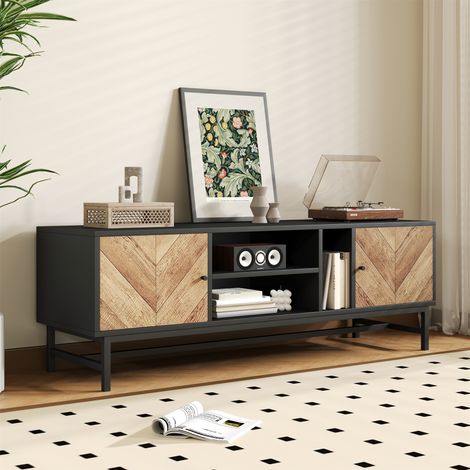 Mobile TV moderno, 2 ante, 3 scomparti aperti, design a contrasto in legno e nero, stile industriale, 150 x 38 x 55 cm