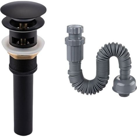 Bonde de Lavabo Pop-Up Chromée pour Salle de Bain, Bouchon Universel avec Trop-Plein, avec tuyau de descente noir (1/4)