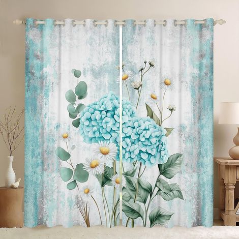 Rideau Occultant 140x245 cm Peinture À l'huile Abstraite,Rideau Ferme Rustique,Rideaux Voilage Fleurs D'Hydrangee Aquarelle,Voilage Fenetre Ombre Turquoise Bleu Gris Blanc pour Chambre Salon - 140L X (1/5)