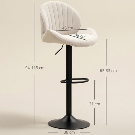 Lot de 2 tabourets de bar coquillage avec repose-pieds, revêtement en tissu chenille, 48 x 50 x 94-115 cm, noir et beige (1/5)