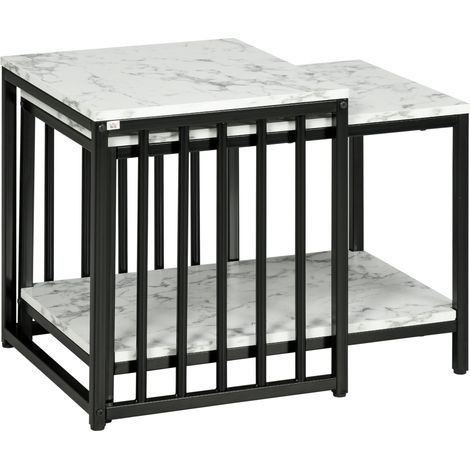 Set aus 2 Designer-Beistelltischen mit Marmoroptik-Platten und Metallgestellen, stapelbare Couchtische für das Wohnzimmer