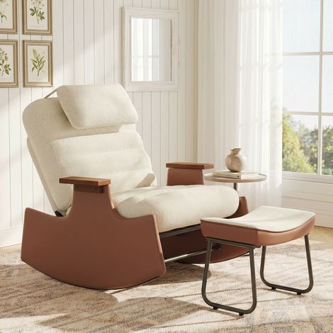 Fauteuil à bascule relax avec tabouret, dossier réglable 3 positions, tissu velours côtelé beige, accoudoirs en bois, cadre simili cuir, pour salon et chambre (1/5)