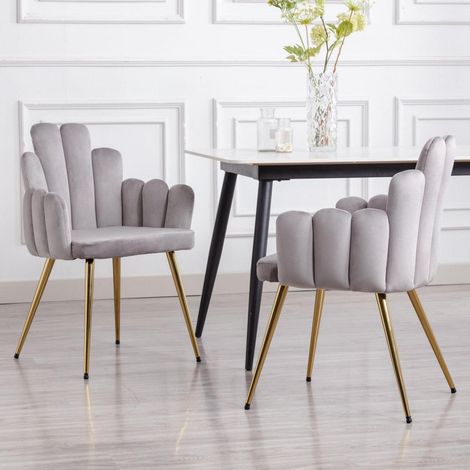 Esszimmerstühle 2er Set Samt Polsterstuhl mit Rückenlehne Muschel Sessel Küche Gold Metallbeine Grau (1/5)