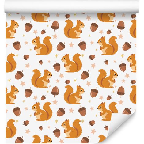Papier peint écureuil blanc, crème et or pour salon et chambre 50x1000 cm (1/5)