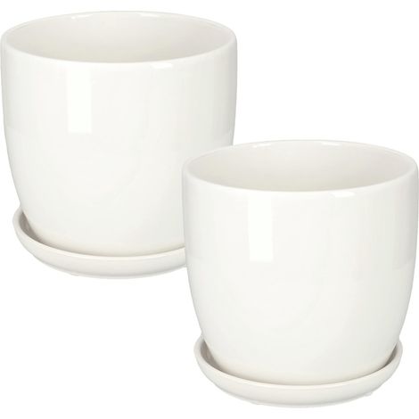 Lot de 2 pots de fleurs en céramique pour fleurs et plantes Diamètre 15 cm avec bac égouttoir Blanc (1/5)