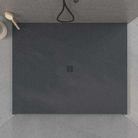 Receveur de douche 110x110 cm extra plat en résine minérale CENTRO surface ardoisée anthracite Grille anthracite (1/5)