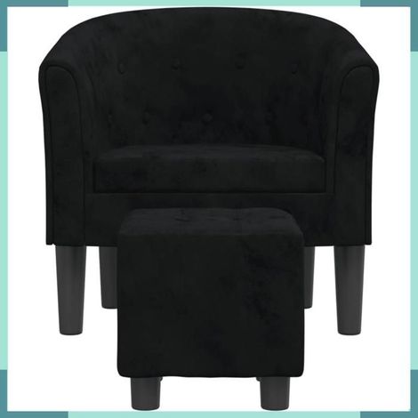 Fauteuil cabriolet - Design à boutons tuftés - Velours noir - Avec repose-pied - Structure bois massif (1/5)