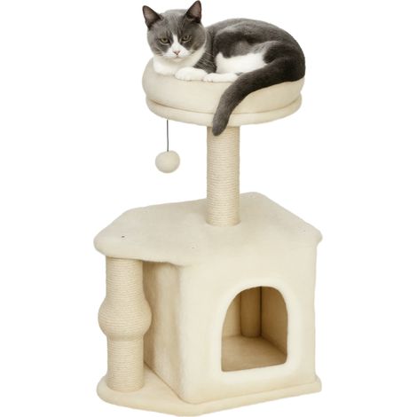 Albero per gatti alto 66 cm, torre per gatti con cuccia, grotta, piattaforma, palla sospesa e palo in juta, beige