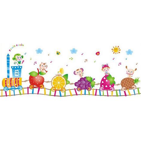 Niedliche Wandtattoos mit buntem Cartoon-Früchte- und Zugmuster fürs Kinderzimmer – Kindergartendeko (1/5)