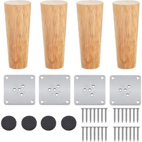Lot de 4 pieds de meuble coniques en chêne massif, pieds de table de remplacement fuselés avec plaques de fixation et vis. (1/5)