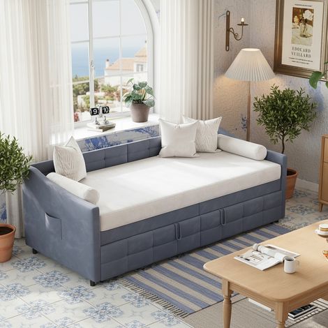 Polsterbett mit Ausziehfunktion 90x190 cm, Schlafsofa aus Samt, ausziehbar, mit Aufbewahrungstasche und Holzlattenrost - Blau