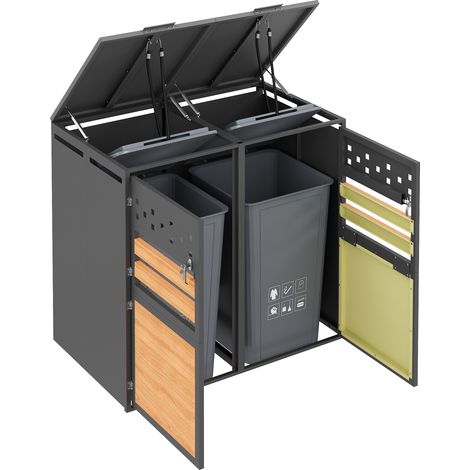 Mülltonnenbox mit Hydraulischem Klappdeckel und Abschließbaren Doppeltüren mit 2 Fächern aus Stahl Grau Holzoptik (1/5)