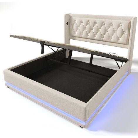 Cama con almacenaje 160 x 200 cm beige de algodón con cabecero capitoné, LED 3 lados, USB Tipo-C (1/5)