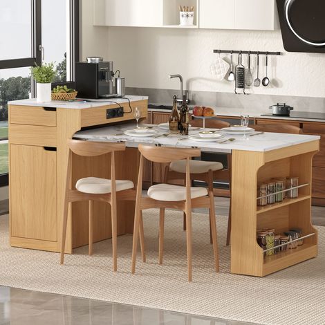 Kücheninsel mit Rollen, Ausziehbarer Esstisch mit Steckdosenleisten und zwei Schubladen, dient als Kücheninsel, Sideboard oder Anrichte für Küche und Esszimmer (Natur) (1/5)