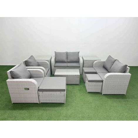 Fimous 9 Seater Outdoor Reclining Chair Love Sofa Set Rattan Garden Furniture Set with Rectangular Coffee Table 3 Stools 2 Side Table Light Grey (1/4)