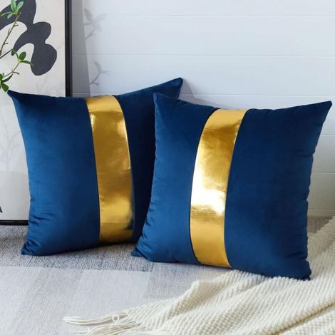 Cushion Cover, 45 x 45 cm (Dark Blue) Set of 2 Velvet Sofa Pillowcase Gold Leather for Home Living Room Bedroom Interior Decoration (1/5)
