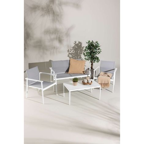 Breaksalon 1 canapé, 2 fauteuils, 1 table basse blanche.