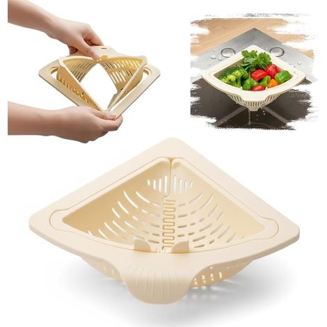 Colador triangular para fregadero de cocina con base giratoria, incluye una cesta para escurrir el agua y guardar objetos - Beige (1/5)