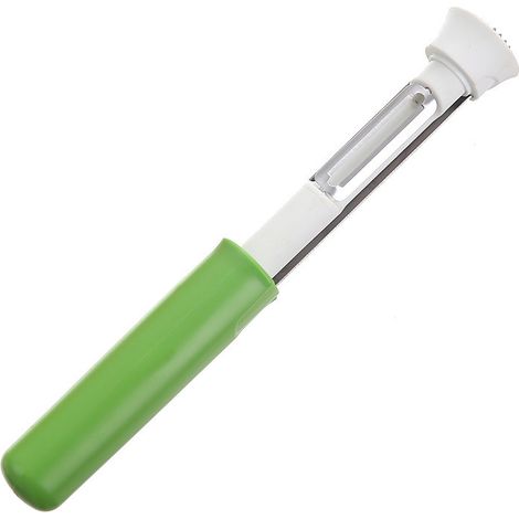 Descorazonador y pelador de frutas retráctil 2 en 1 de acero inoxidable. Utensilio de cocina para el hogar, camping, picnics, repostería y decoración. (1/5)