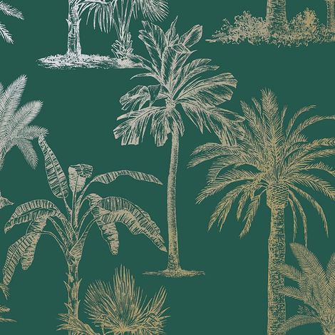 Holden Exotic Glistening Tropical Palm Trees Metallic Gold Teal Green Wallpaper (1/4)