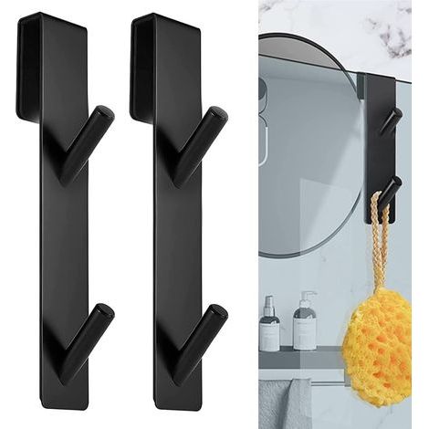 Juego de 2 ganchos de pared de acero inoxidable para ducha, para colgar, no requiere taladrar, para vidrio de ≤ 12 mm de espesor (negro) (1/5)