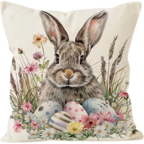 Housse De Coussin - 45 X 45 Cm - Motif Fleur Et Lapin De Paques - Pour Canapé Salon Voiture - 1 Pièce (1/5)