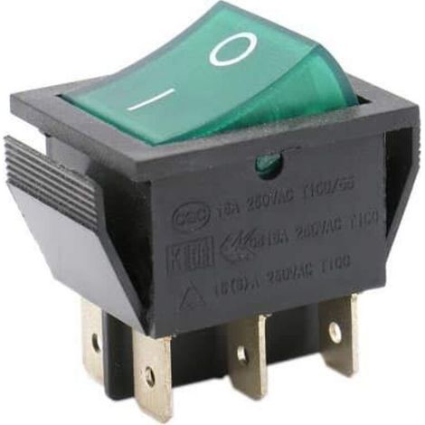 Interrupteur à bascule DPDT 6 broches - 16A 250V - Nylon et laiton - Lumière verte - Pour tableau électrique (1/3)