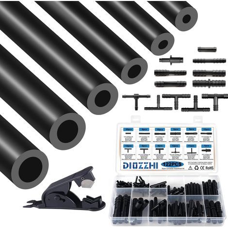 2 m langer, 6-teiliger Silikon-Vakuumschlauch mit Nylon-Anschlüssen, 12 Größen (122 Stück), 3/4/5/6/8/10 mm Innendurchmesser, Hochleistungs-Motorschlauchset (130 PSI), für Luft und Wasser, Schwarz (1/5)