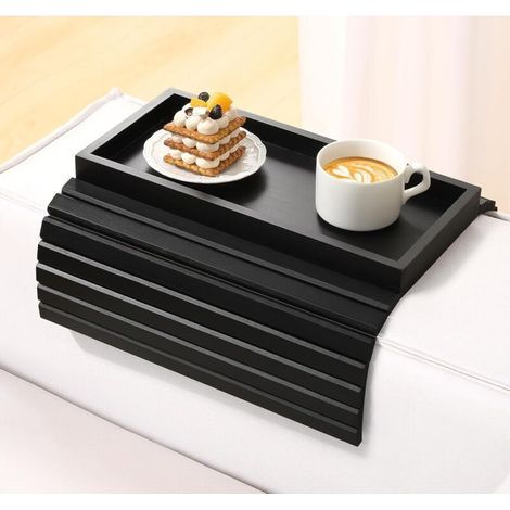 Plateau de canapé - Accoudoir pliable en bambou - Avec porte-gobelet - Pour collations, téléphone portable, tasses - Noir (1/4)