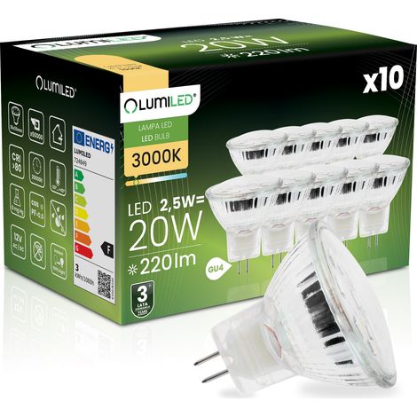 10 bombillas LED GU4 tipo foco MR11 de 2,5 W = 20 W, 220 lm, 3000 K, luz cálida de 120°, 12 V, LUMILED