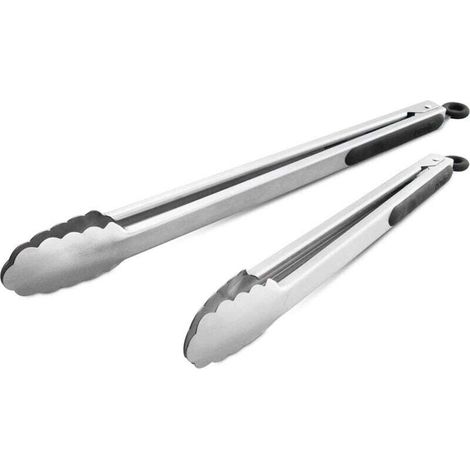 Küchenzange aus Edelstahl 304, je eine Zange (27 cm und 34,5 cm), 2er-Set robuste Grillzangen für gebürstete Grillflächen, ergonomische Griffe, schwarz
