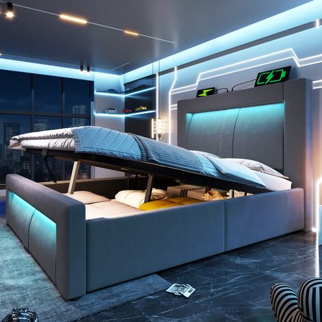 Cama individual con almacenamiento LED y carga OKMYHOME (1/5)