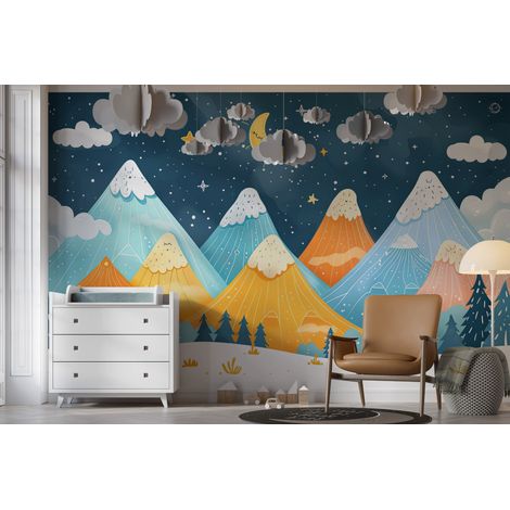 Papier peint enfants - montagnes bleues et ciel étoilé - 150 x 250 cm (1/2)