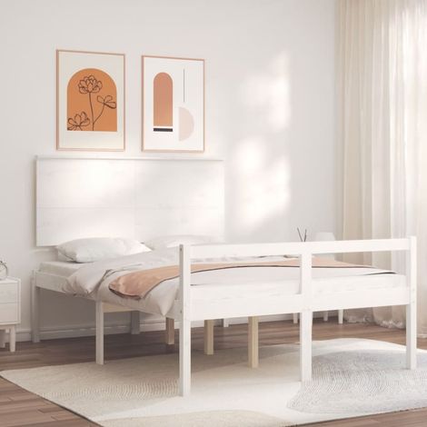 Lit adulte Contemporain avec tête de lit Cadre de lit blanc petit double bois massif 54290 (1/5)