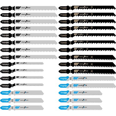 Lot de 30 lames de scie sauteuse T-Shank – Bois, métal, plastique – Modèles T101AO, T101B, T118A – Assortiment (1/5)
