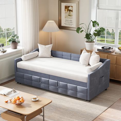 Lit gigogne 90x200 cm gris avec canapé convertible, cadre rembourré en velours, sommier à lattes, lit banquette double extensible (1/5)