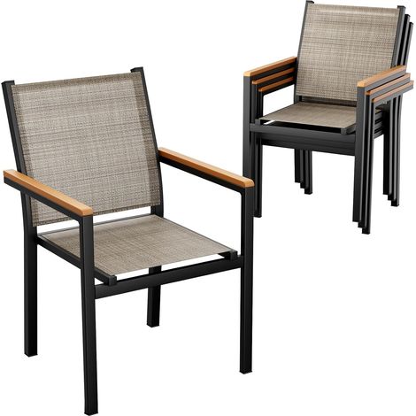 Gartenstuhl 4er-Set aus Aluminium, stapelbar, mit Textilene und WPC-Armlehnen, braun (1/5)