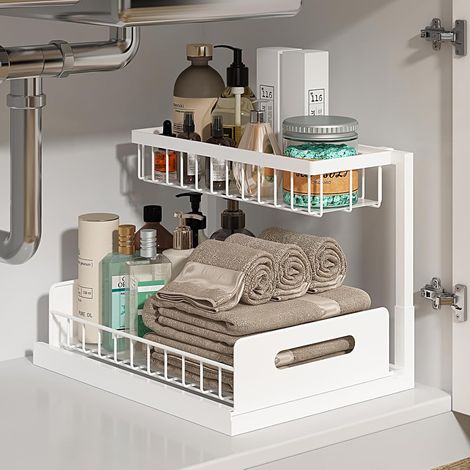 Under Sink Organizer, Pull Out Cabinet Organizer 2 Tier Slide Out Sink Shelf Cabinet Storage Shelves, Under Sink Storage for Kitchen Bathroom Cabinet, White, 1 Pack (1/5)