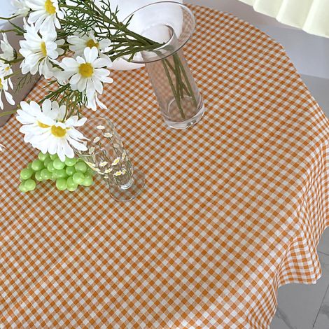 Nappe à carreaux coréens style INS, fond en coton et lin frais et simple, napperon de bureau en lin style forêt, carreaux orange, 70 x 70 cm (1/5)
