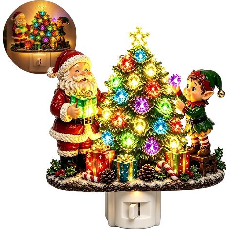 Veilleuse murale sapin de Noël à brancher, sapin de Noël orné de pierres précieuses et de lumières scintillantes en 3D, décoration de Noël vintage, cadeau idéal