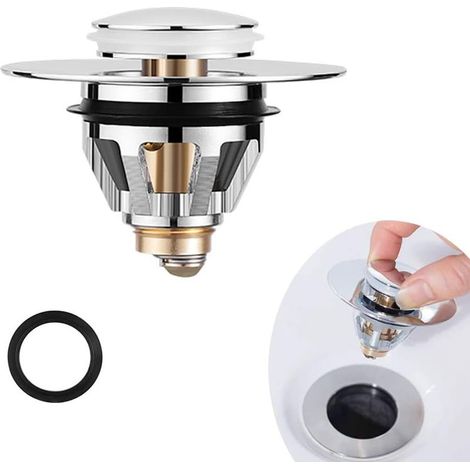 Filtro universal para desagüe de fregadero, tapón de acero inoxidable antibloqueo con botón pulsador, filtro para cabello y olores para orificios de desagüe de 1,33" a 1,49". (1/5)