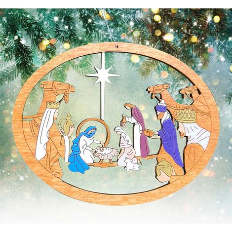 Weihnachtsdekoration, durchbrochene, farbenfrohe Krippe, Weihnachtsbaumschmuck aus Holz, Größe 4 (Einheitsgröße). (1/5)