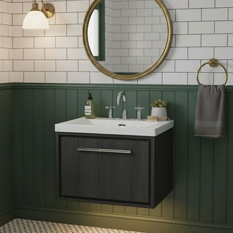 Hudson Reed Lille Wall Hung 1-Drawer Vanity Unit with 3TH Contemporary Basin 600mm Wide - Graphite Grey Woodgrain