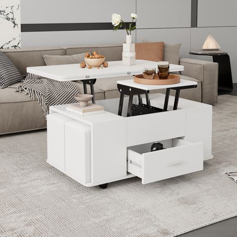 Table basse réglable en hauteur, table d'appoint mobile,table basse multifonctionnelle,table basse avec tiroirs, avec 4 tabourets