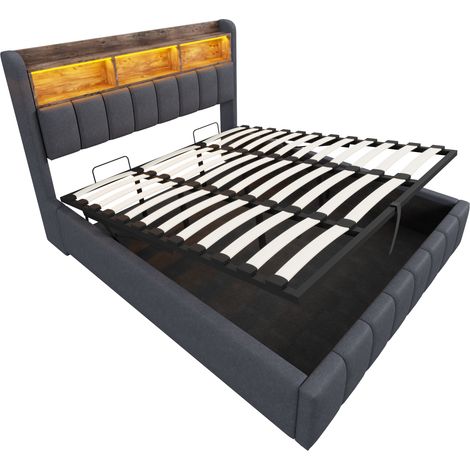 Polsterbett 180x200 cm mit LED, USB-C und hydraulischem Stauraum aus grauem Stoff MODENUIT (1/5)