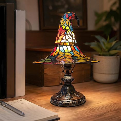 Lampe de table chapeau de sorcière en résine style vitrail, veilleuse chapeau de sorcier gothique pour Halloween, alimentation USB (1/5)