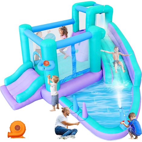 Château gonflable avec ventilateur, toboggan aquatique gonflable 9 en 1 avec château de saut, bassin, mur d'escalade, panier de basket, pistolets à eau, balle de cible et lancer d'anneaux (1/5)