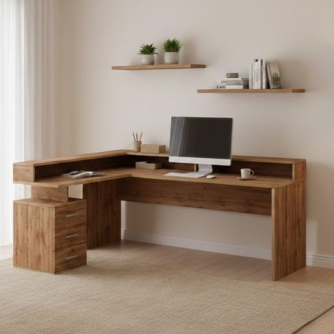 Bureau d'angle polyvalent, Réversible, 180x90h160 cm, Chêne, Moderne, Pour Bureau et Travail (1/5)
