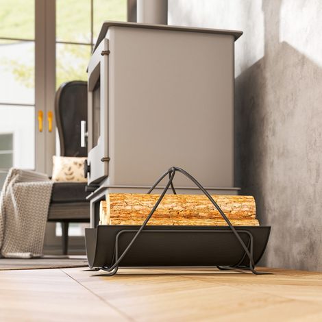 Rangement bois de chauffage intérieur 51 x 38 x 33cm, support bûches géométrique avec poignée, métal noir, design moderne (1/5)