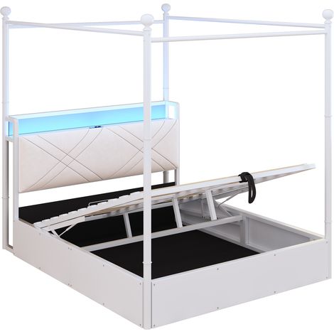 Lit double multifonction en fer forgé 140190, avec rangement de lit à relevage hydraulique et baldaquin en fer forgé, avec montants de lit amovibles avec LED et USB/Type-C, lit pour adulte/adolescent, (1/5)